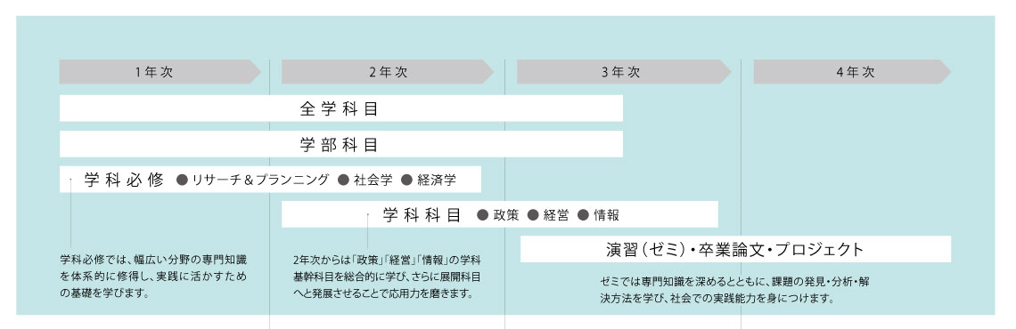 カリキュラムの要点を示す図。文化政策学科の1年次は学科必修を中心に学びます。2年次になると学科基幹科目が始まります。3年次・4年次は演習（ゼミ）で研究テーマを深め、卒業論文を仕上げます。