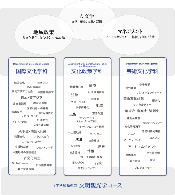 文化政策学部の3学科の関連性を示す図。「国際文化学科」と「文化政策学科」は、多文化共生やまちづくりなどの「地域政策」の領域で重なり合います。「文化政策学科」と「芸術文化学科」は、アート・マネジメントをはじめとする「マネジメント」の領域で重なり合います。「芸術文化学科」と「国際文化学科」は、文化・芸術全般の「人文学」の領域で重なり合います。また3学科横断型の文明観光学コースがあります。