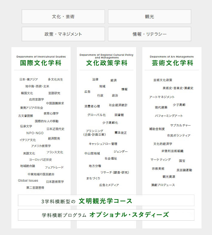 文化政策学部の3学科の関連性を示す図。「国際文化学科」と「文化政策学科」は、多文化共生やまちづくりなどの「地域政策」の領域で重なり合います。「文化政策学科」と「芸術文化学科」は、アート・マネジメントをはじめとする「マネジメント」の領域で重なり合います。「芸術文化学科」と「国際文化学科」は、文化・芸術全般の「人文学」の領域で重なり合います。また3学科横断型の文明観光学コースがあります。