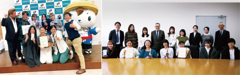 知財活用アイデアプレゼン大会参加者の集合写真と学長報告の様子