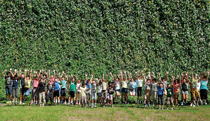 大勢の子供たちが巨大なグリーンカーテンの前でバンザイをしている画像