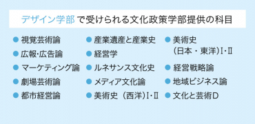 デザイン学部で受けられる文化政策学部提供の科目は、広報・広告論、経営学、マーケティング論、ルネサンス文化史、経営戦略論、劇場芸術論、地域ビジネス論 など